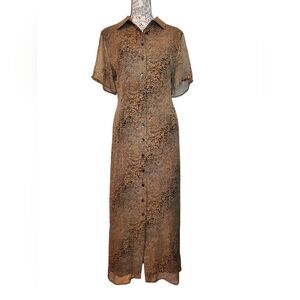 Vintage Robbie Bee 100% Silk Brown Animal Print Button-Up Maxi Dress Size 14WP